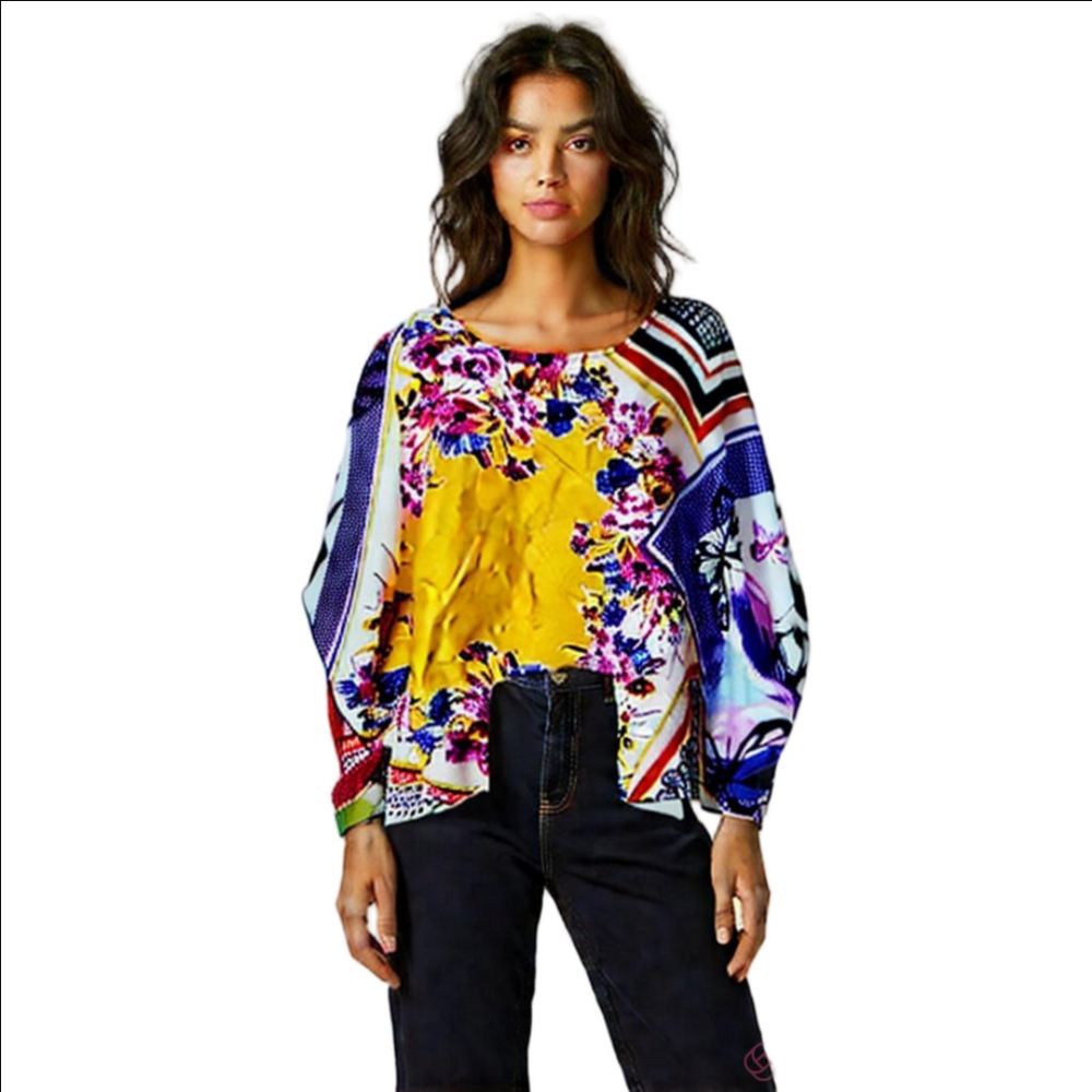 Cabi 345 Women Butterfly Print Silk Chiffon Kimono Artist Floral Drapy Blous Top